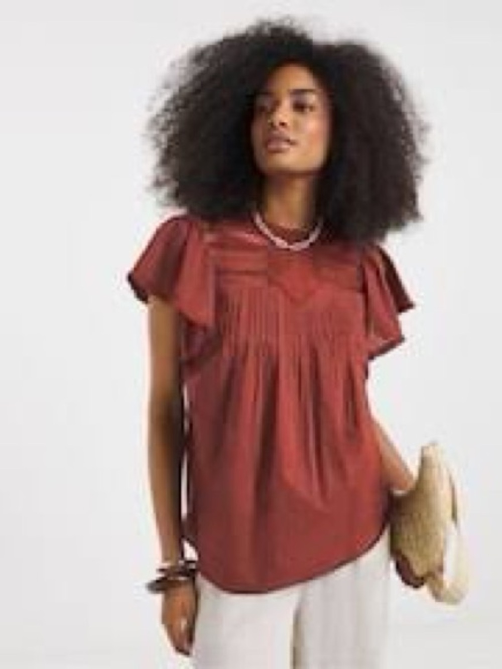 Women's Smocked Yoke Ruffle Sleeve Blouse — Rust